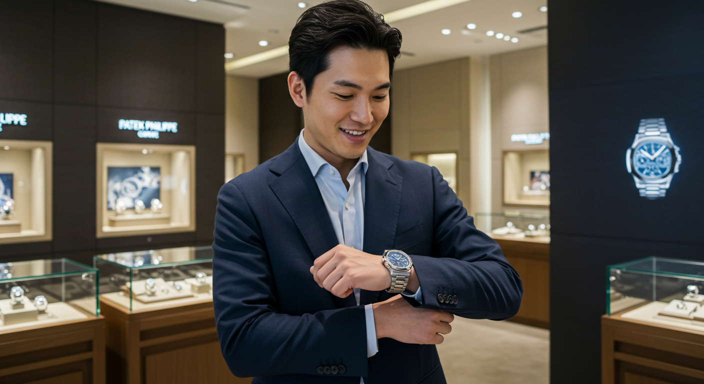 若い世代のビジネスマンがパテックフィリップの腕時計を着用している様子