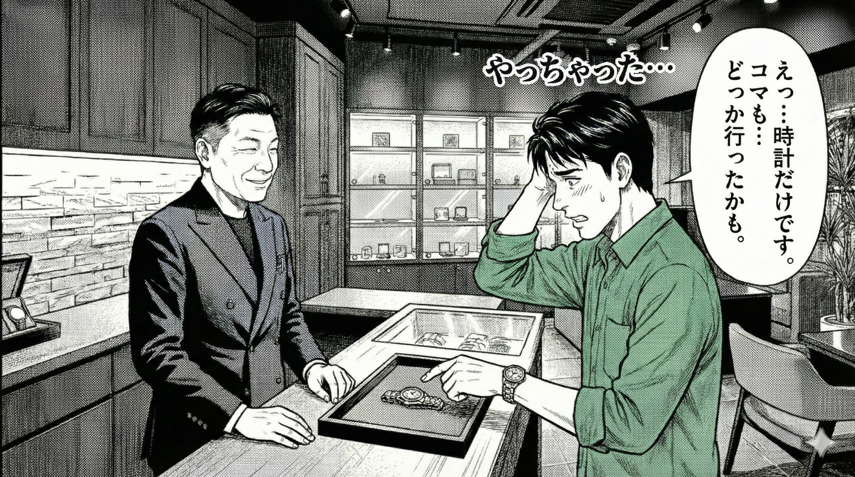 漫画1コマ。賢治が「やっちゃった…」という表情で頭をかき、店主が穏やかにうなずく。カウンター上に時計のみ（箱なし）。背景にショーケースがぼんやり。横長構図。写実寄り漫画調。