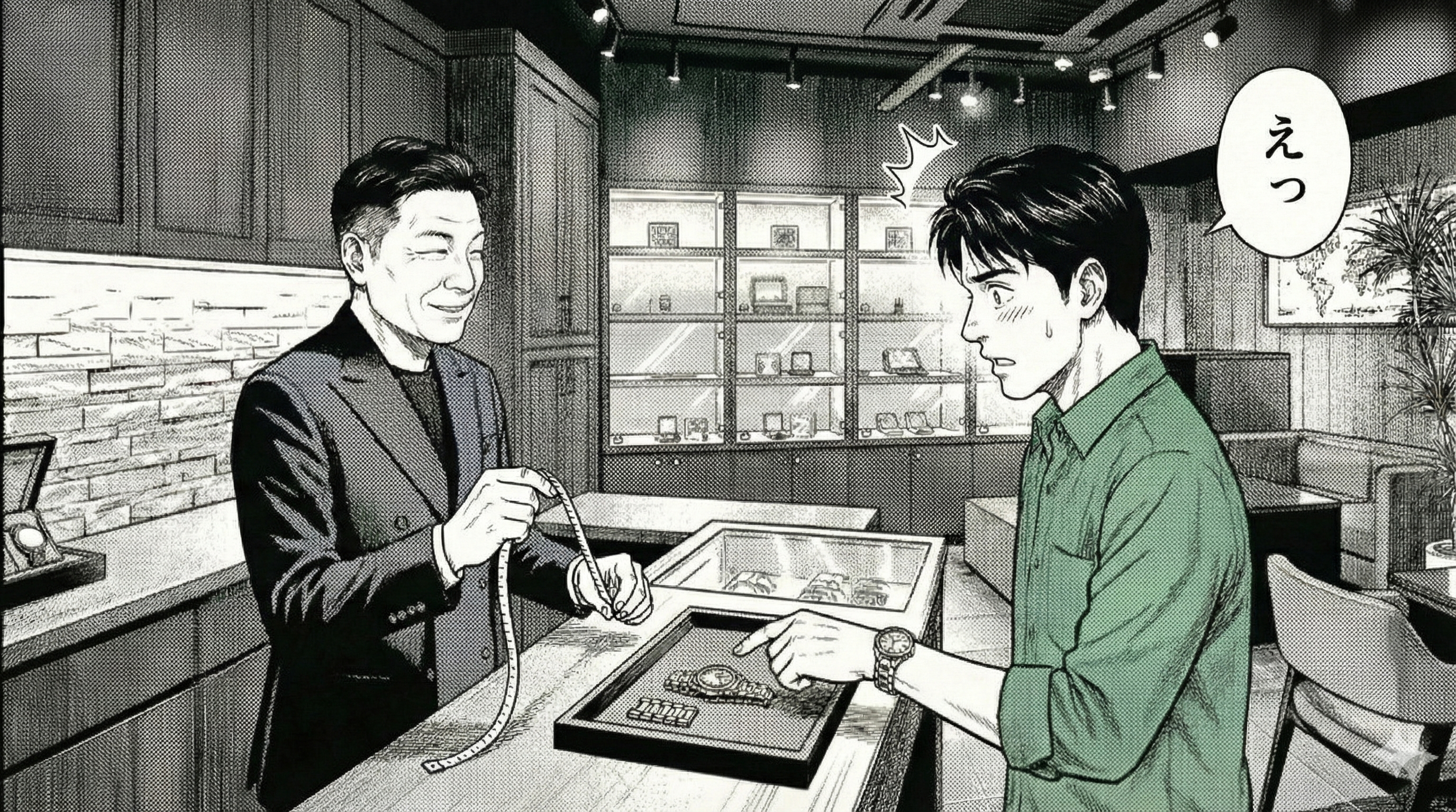 漫画1コマ。カウンター上にブレスのコマが数個あるイメージ（ただし賢治側には無い）。店主が腕回りをメジャーで測るジェスチャー。賢治が「えっ」顔。横長構図。写実寄り漫画調。