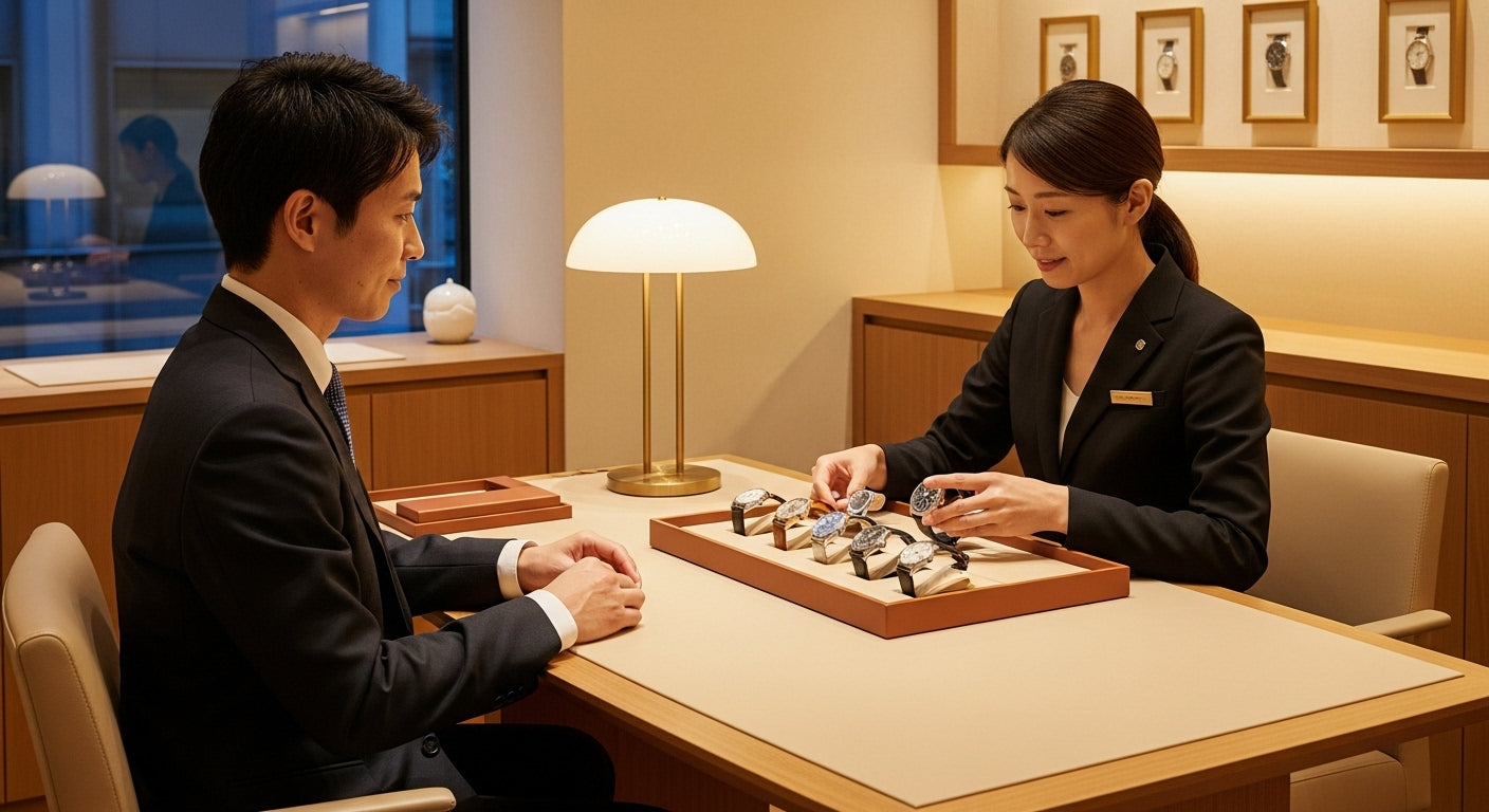 コミット銀座の店内でスタッフがロレックスを提案しているイメージ
