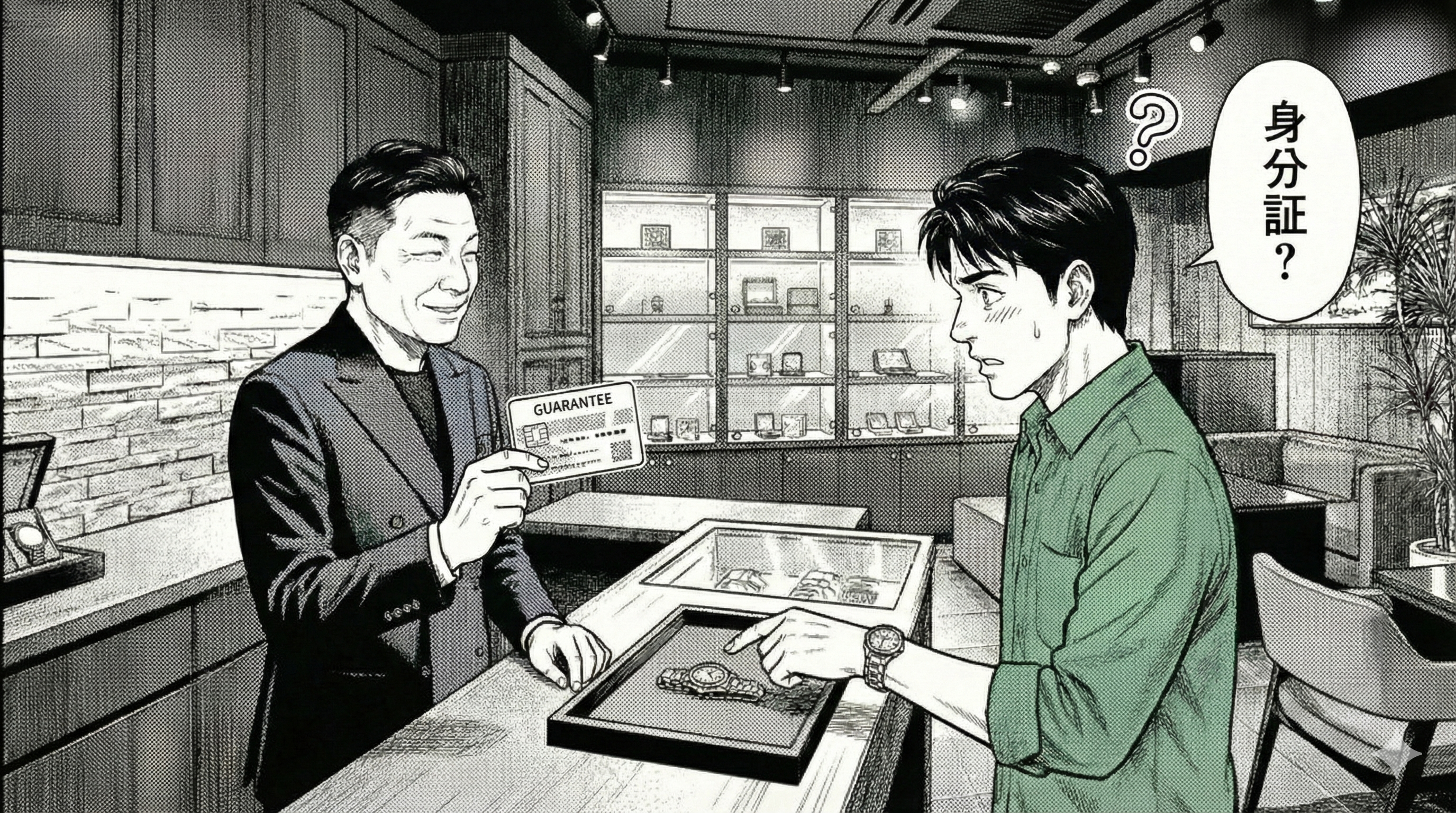 漫画1コマ。店主が「保証書」をカードのように指でつまむイメージ（実物は描写してOK、ブランド名は伏せる）。賢治の頭上に「身分証？」という小さな疑問マークの演出。テキスト無し。横長構図。漫画調、分かりやすい図解的演出。