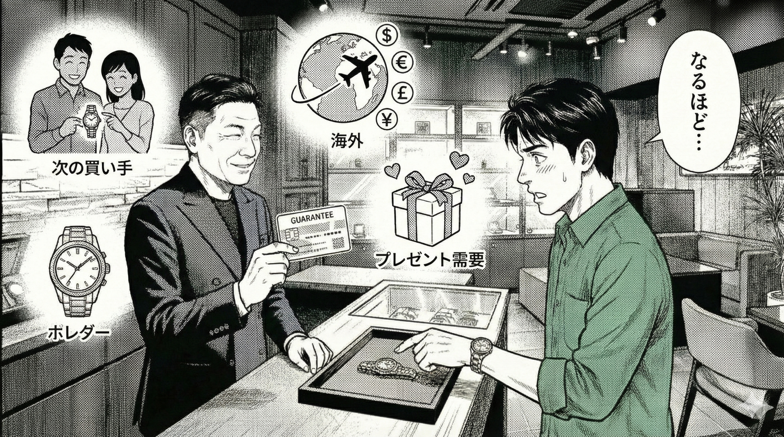 漫画1コマ。店主の後ろに「次の買い手」「海外」「プレゼント需要」などの抽象アイコンがふわっと浮かぶ演出。賢治は納得しかけの表情。テキスト無し。横長構図。
