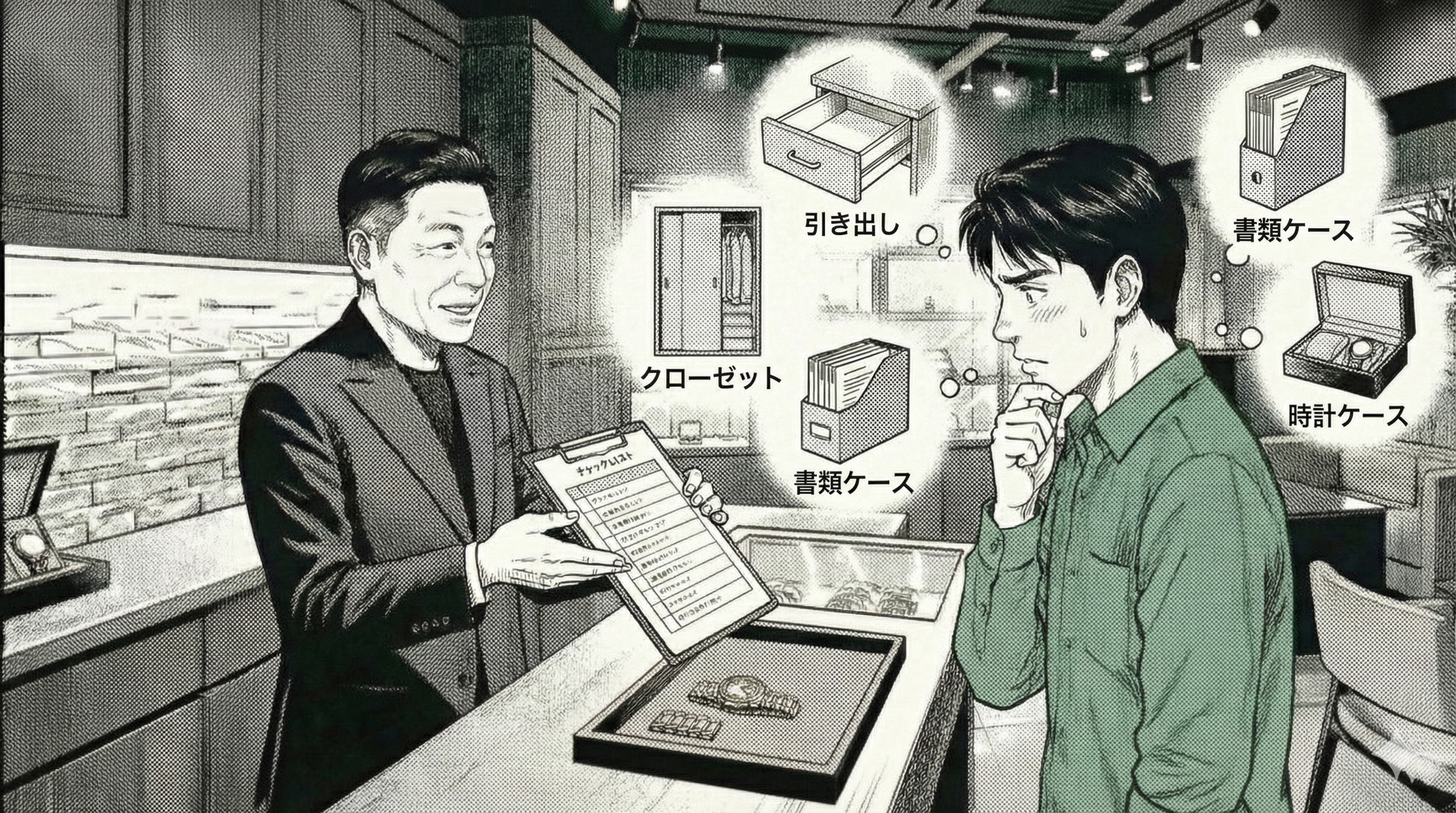 漫画1コマ。賢治の頭の中に「引き出し」「クローゼット」「書類ケース」「時計ケース」など探索スポットのアイコンが浮かぶ。店主はチェックリストを差し出す演出。テキスト無し。横長構図。図解的。