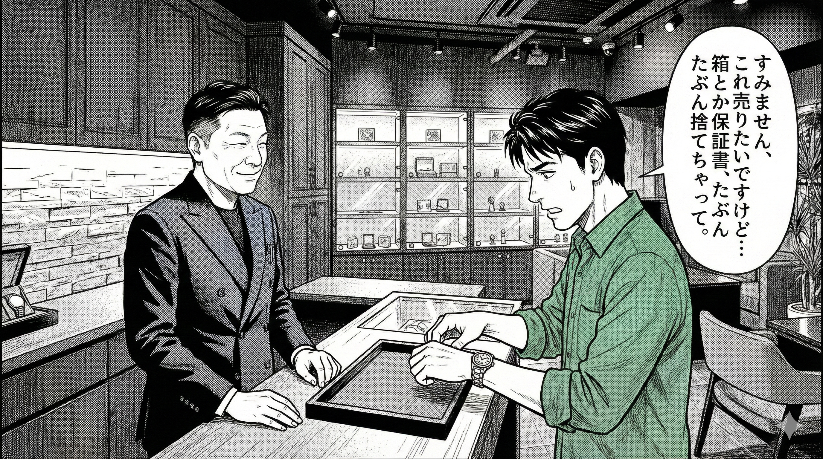漫画1コマ。舞台：銀座の高級時計店のカウンター。左に店主（40代、落ち着いた鑑定士、黒シャツ＋エプロン）、右に賢治（30代、カジュアル、少し緊張）。賢治が腕時計を外してカウンターに置く瞬間。店内は上品で暖色照明。テキスト無し。横長構図。写実寄りの漫画調、線は綺麗、影は柔らかい。