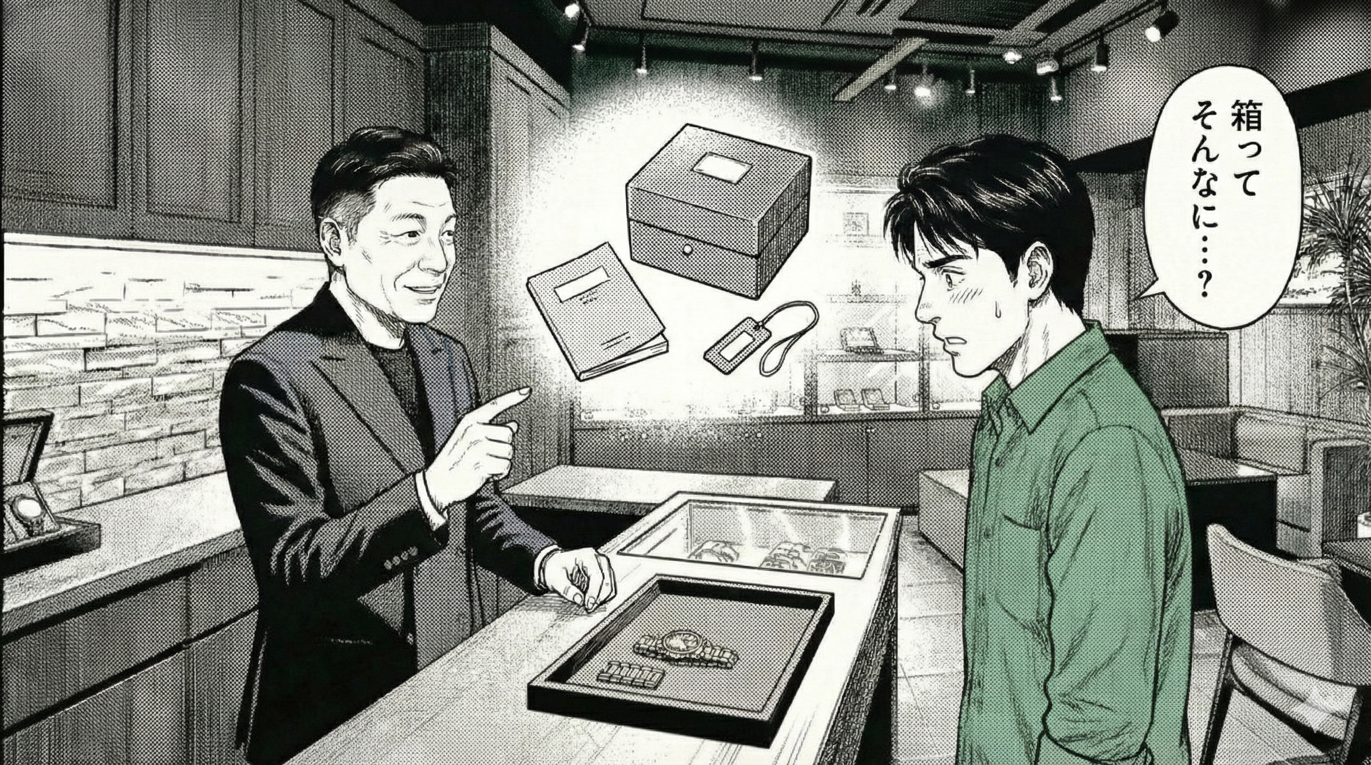 漫画1コマ。店主が「箱・冊子・タグ」を並べたイメージを指差す（実物は背景演出でOK）。賢治は「箱ってそんなに…？」の顔。テキスト無し。横長構図。