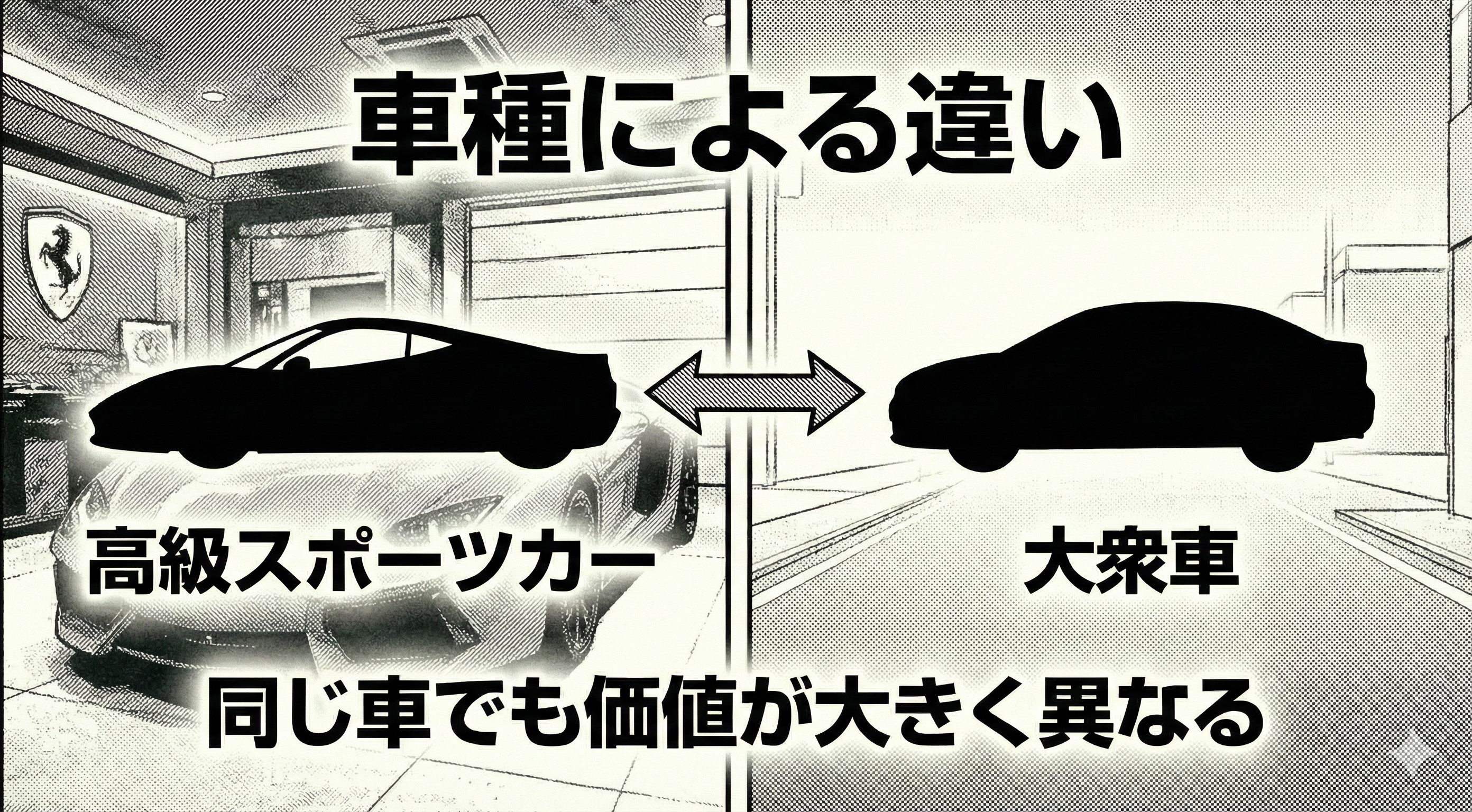 漫画1コマ。高級スポーツカーのシルエットと大衆車のシルエットが対比される演出。