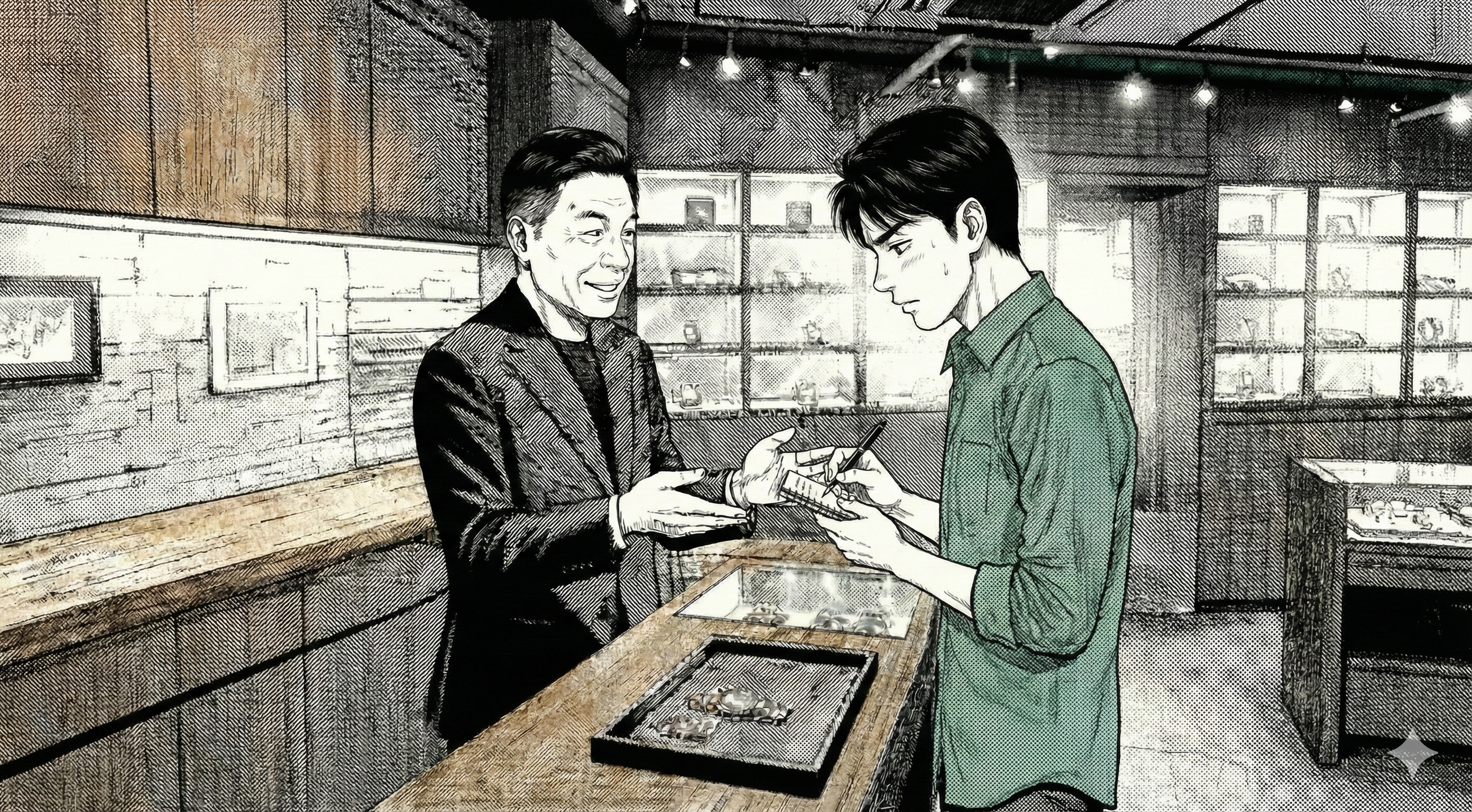 漫画1コマ。賢治が手帳にメモを取り始める。店主は少し安心した表情。