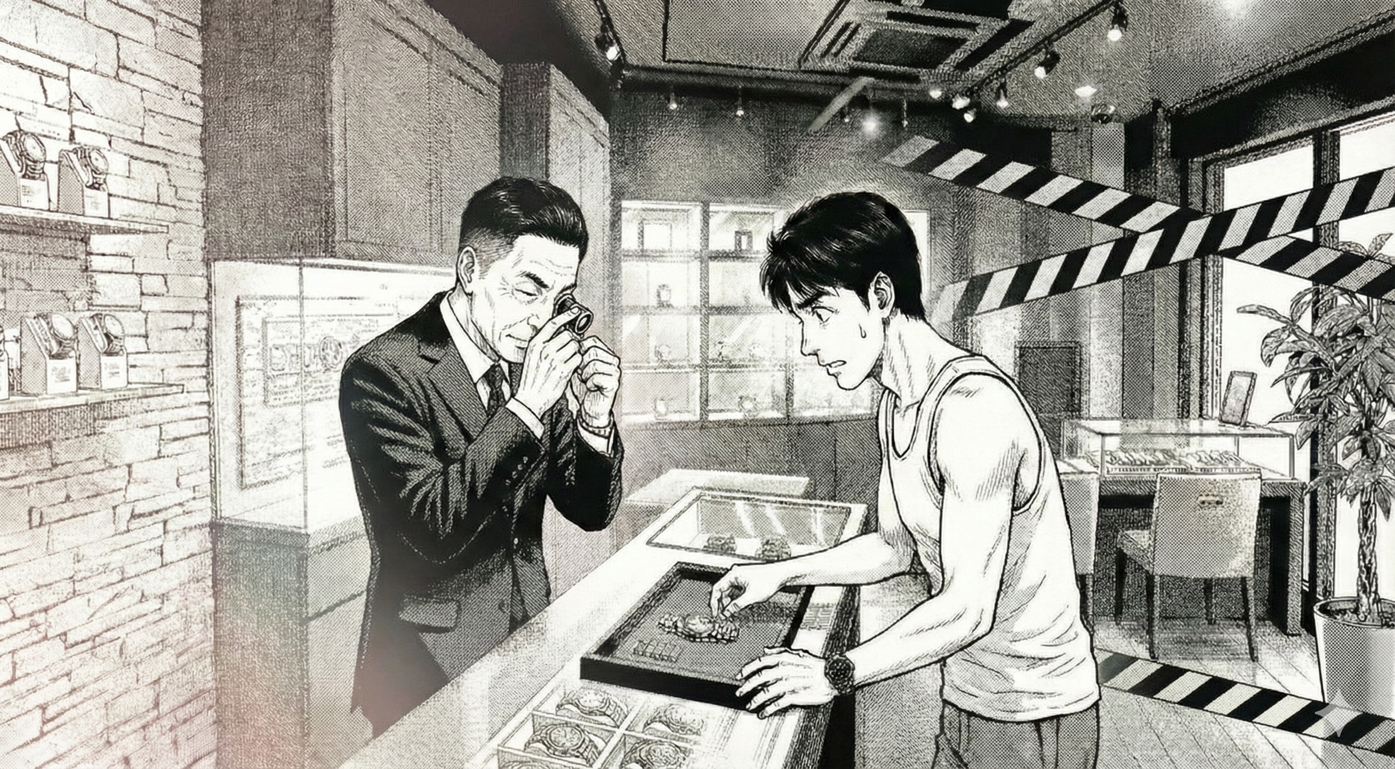 横長16:9の漫画風イラスト。高級腕時計の買取店カウンター。鑑定士がルーペで腕時計のベゼルを確認し、時計の周りに「浅い擦り傷」と「深い打痕」の対比を“視覚だけ”で表現する。浅い傷側はやわらかい光と穏やかな雰囲気、深い打痕側は黄色黒の規制線（事件現場テープ）を想起させる斜めストライプの演出が背景にうっすら入る。お客様は少し焦った表情。ロゴや文字は入れない。くっきり線画、淡い彩色、コミカルだが上品。