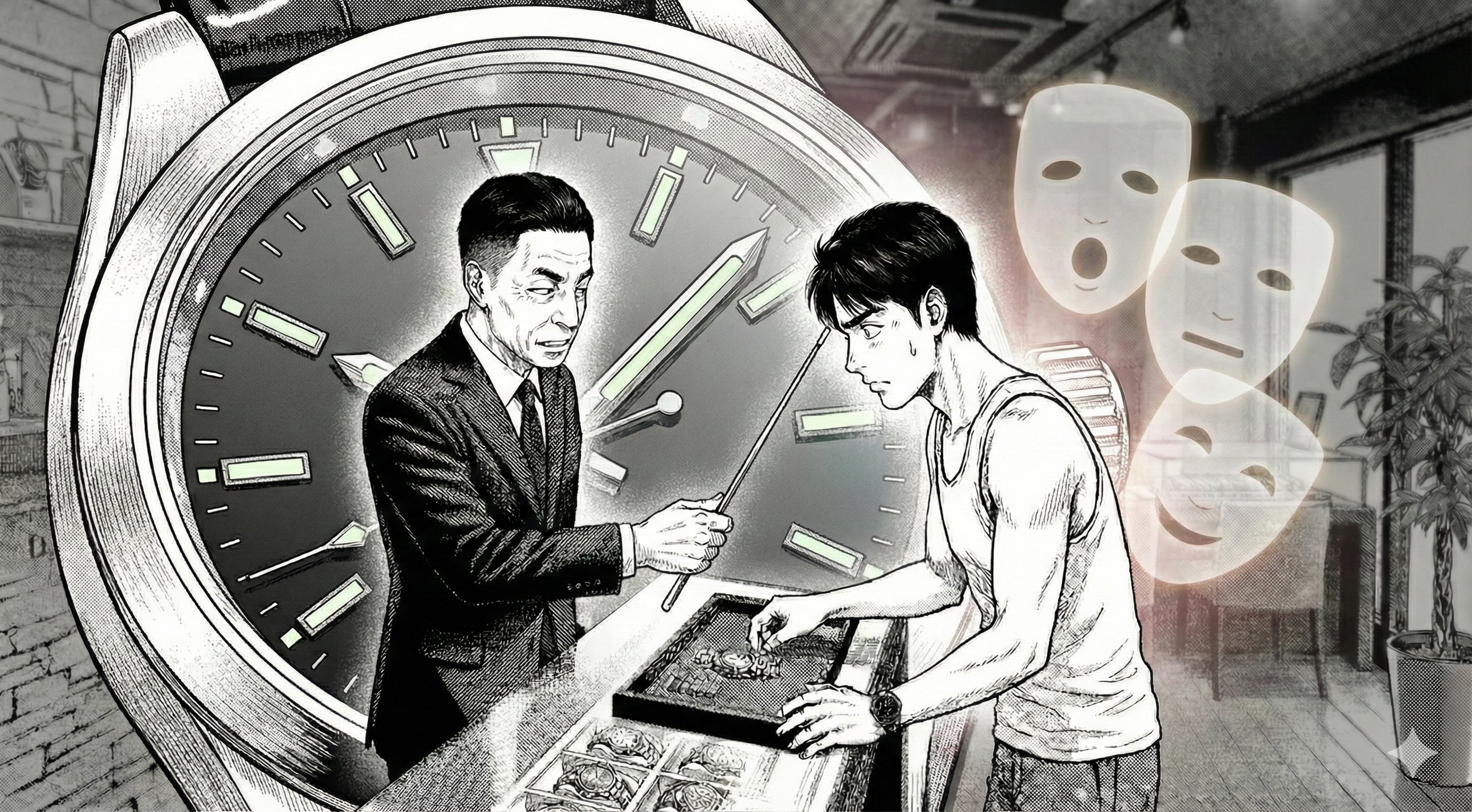時計の文字盤アップを大きく配置し、鑑定士が指示棒（ポインター）で針・インデックス・夜光部分を指し示す。背景に“顔の表情”を連想させるシンプルなマスク形シルエットが薄く重なる演出（文字なし）。お客様は真剣に覗き込む。