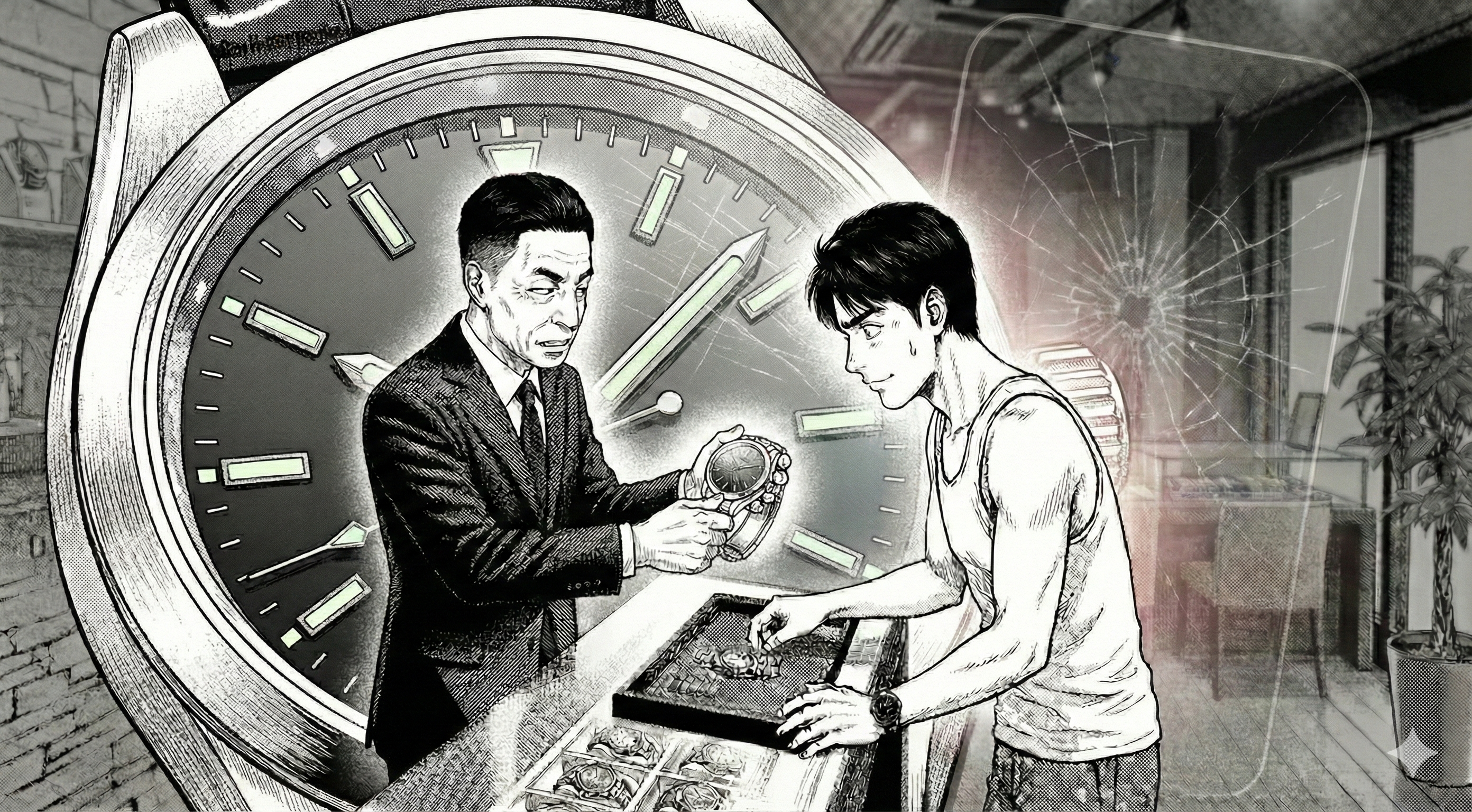 鑑定士が時計を斜めに傾け、風防の細い線キズが光の反射で見える瞬間を強調する。もう片手でリューズを軽くつまみ、ねじ込みの感触を確認している。お客様は「なるほど」と納得顔。背景にスマホ画面の“ひび”を連想させる抽象的な亀裂パターンが薄く入る（実物スマホは描いてもOKだが画面に文字なし）。