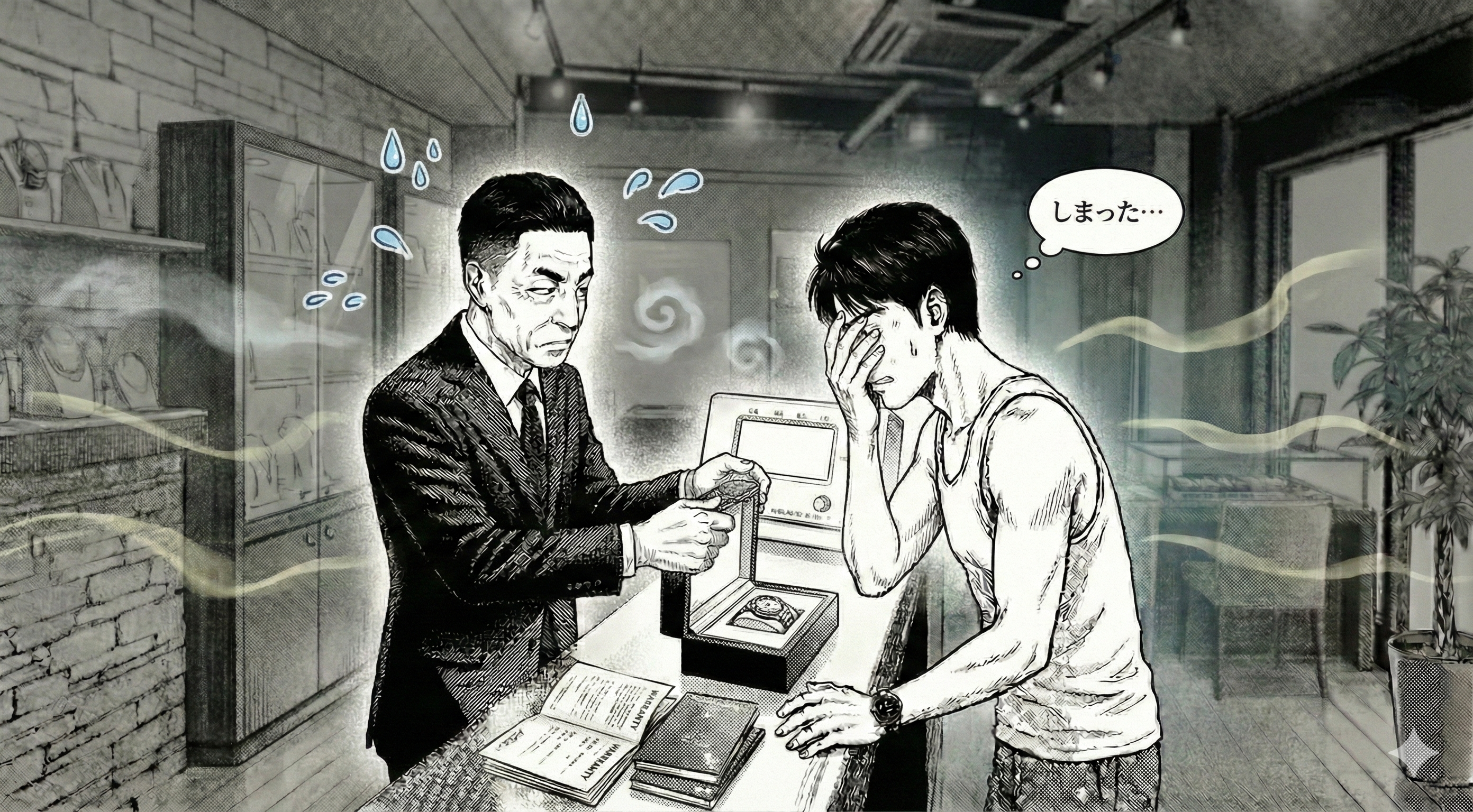 カウンター上に時計箱と保証書の束、鑑定士が箱の内側を開けてチェックしている。背景や空気感として、湿気を表す小さな水滴アイコン風のモヤ、匂いを示す淡い波線がうっすら漂う（文字なし、臭そうにしすぎない）。お客様は「しまった…」という表情。上品なコメディ。