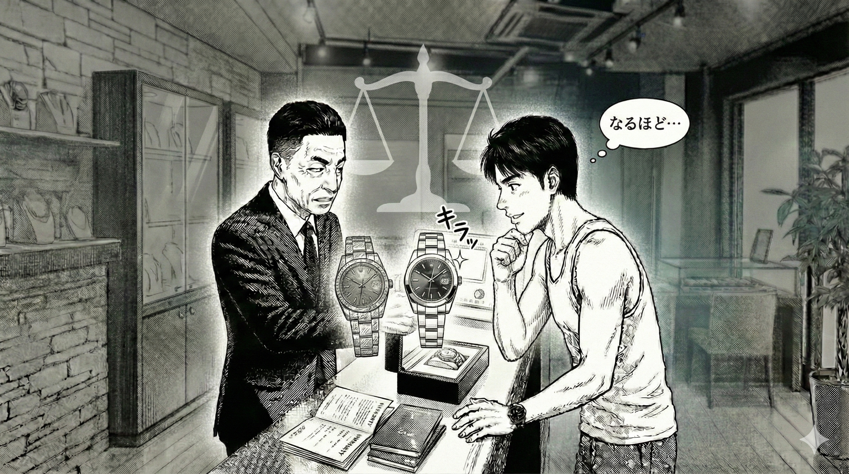 鑑定士が同型番の腕時計を2本（または同じ時計を左右に比較）提示し、片方は状態良好でキラっと清潔感、もう片方は小キズ多め・ブレス伸び気味で少し疲れた雰囲気。お客様が「なるほど…」と納得して頷く。背景に天秤（バランス）を連想させるシンプルなシルエット演出（文字なし）。