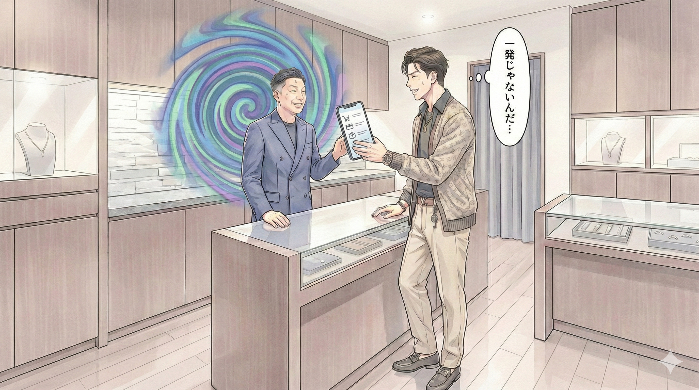 横長16:9。賢治がスマホを差し出し、画面には“購入履歴っぽいUI”の抽象アイコン（文字なし）。店主の背後に胃がキュッとなるような渦巻き演出。上品なコメディ。
