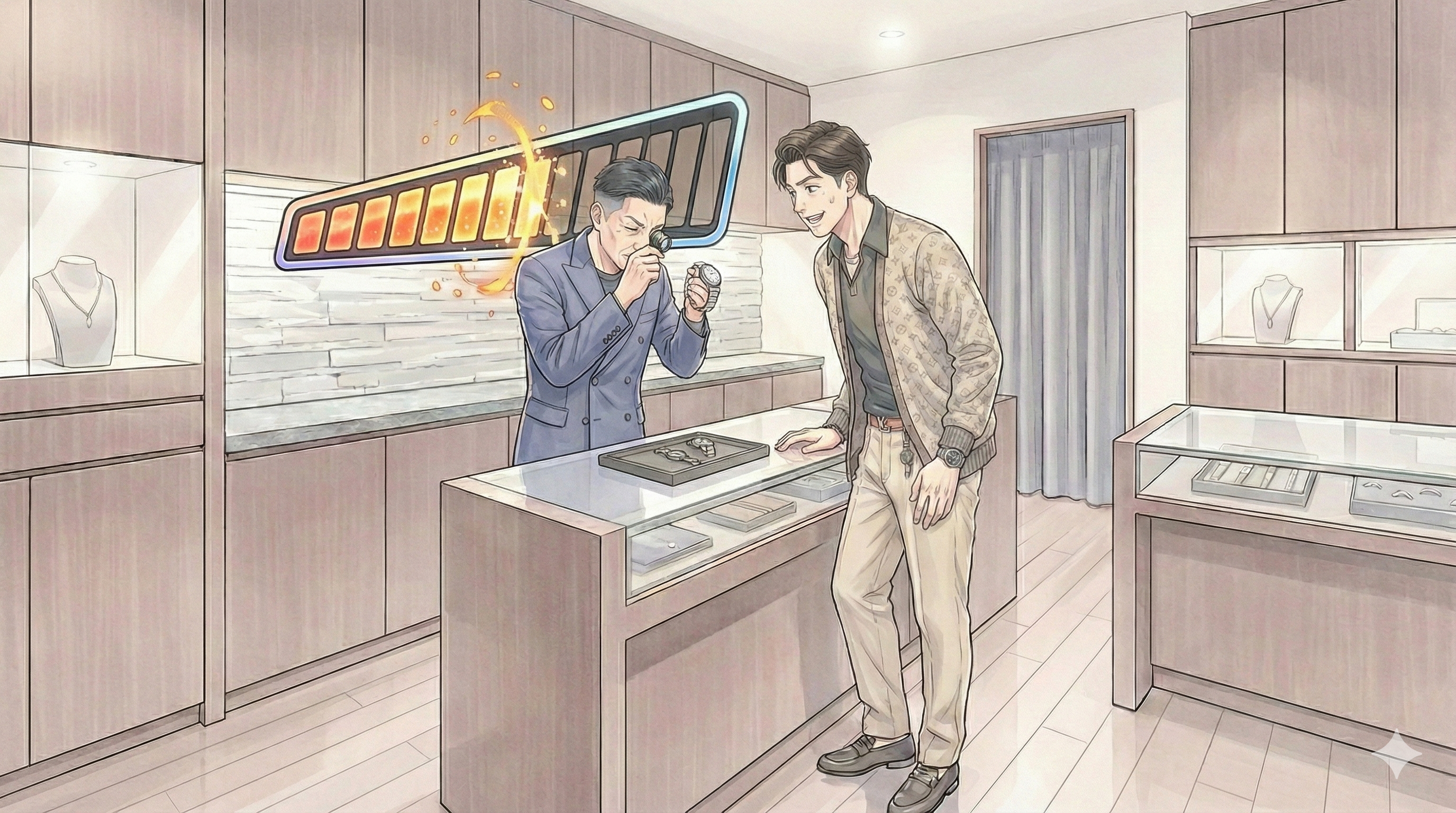 横長16:9。店主がルーペを持ち、賢治が期待顔。背景に“必殺技ゲージ”っぽい抽象メーターが出るが、半分で止まっている（文字なし）。