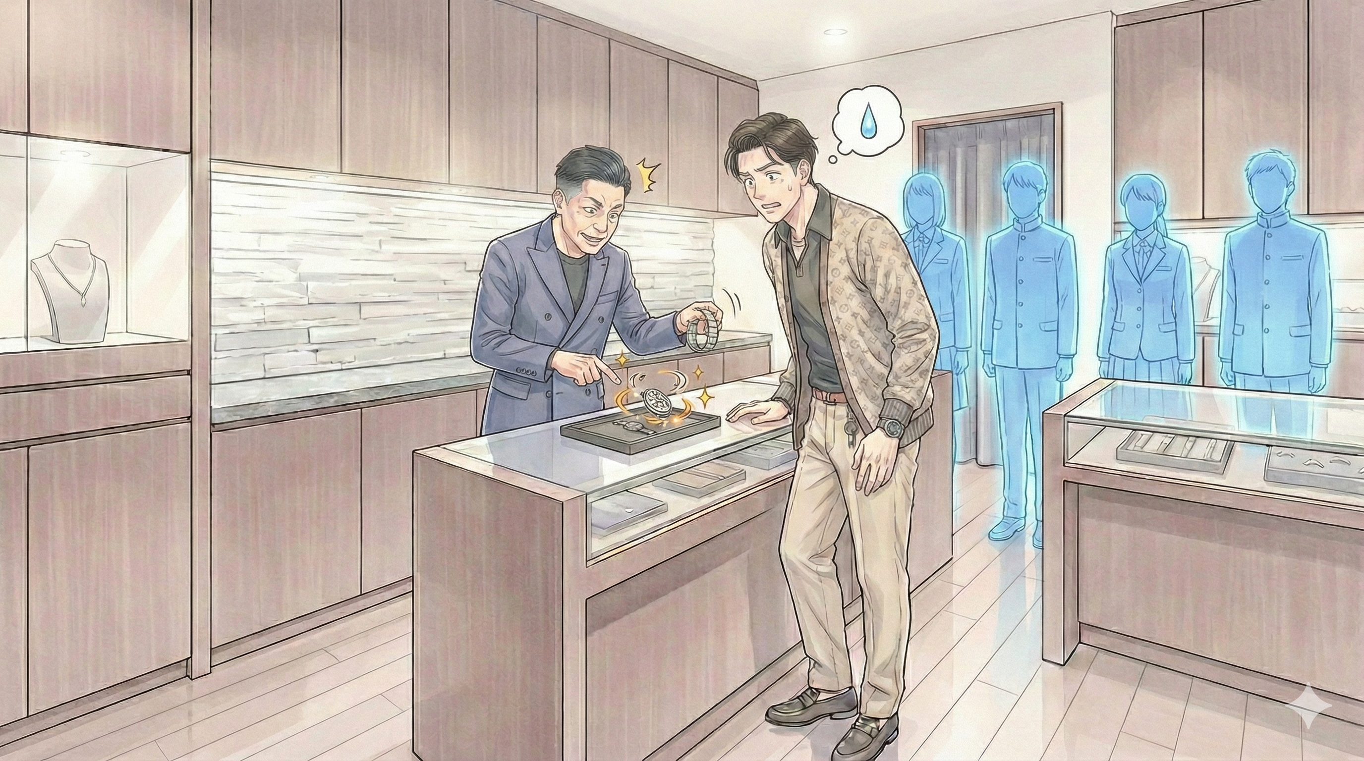 横長16:9。店主が“元気すぎる部品”を指差し、賢治が『元気すぎるって何…』の顔。背景に“全員が新品の制服”みたいな抽象シルエット（文字なし）。