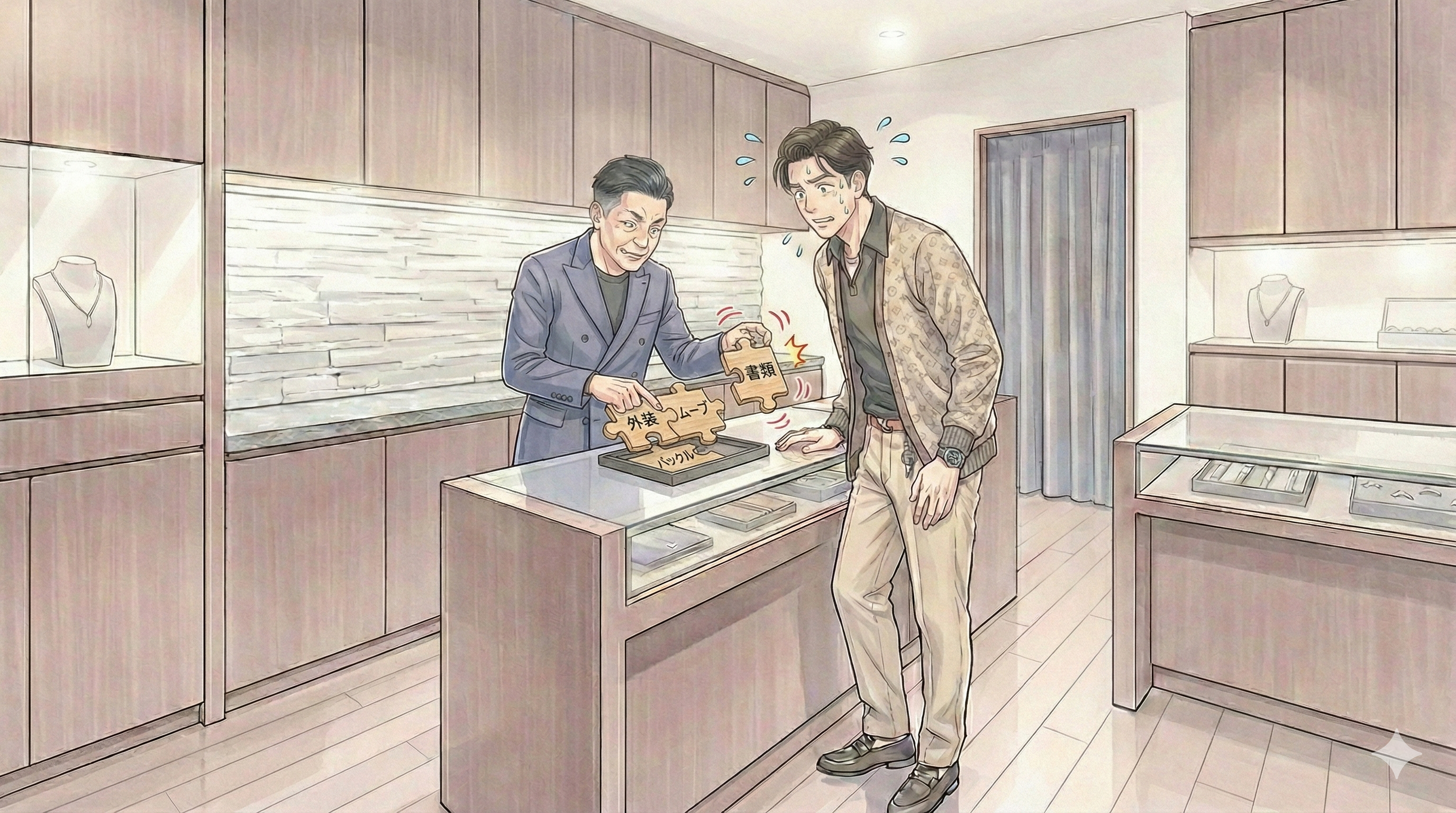 横長16:9。店主がパズルのピース（外装・ムーブ・バックル・書類）を組み合わせて“ぴったり合うか”を見る。1ピースだけ微妙に形が違って浮く演出（文字なし）。賢治は汗。