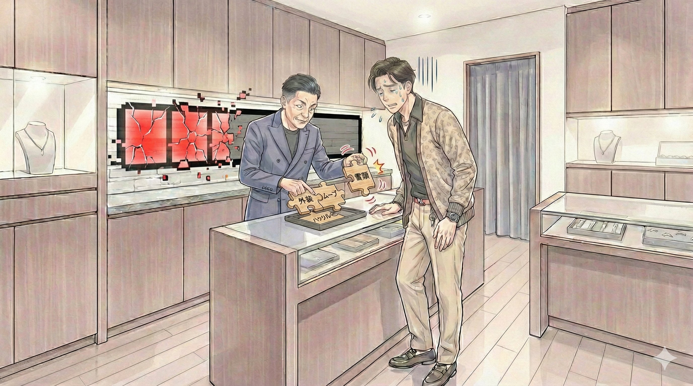 横長16:9。店主の背後に“HPゲージ”っぽい抽象バーが3回減る演出（文字なし）。賢治は『ごめんなさい…』の顔。