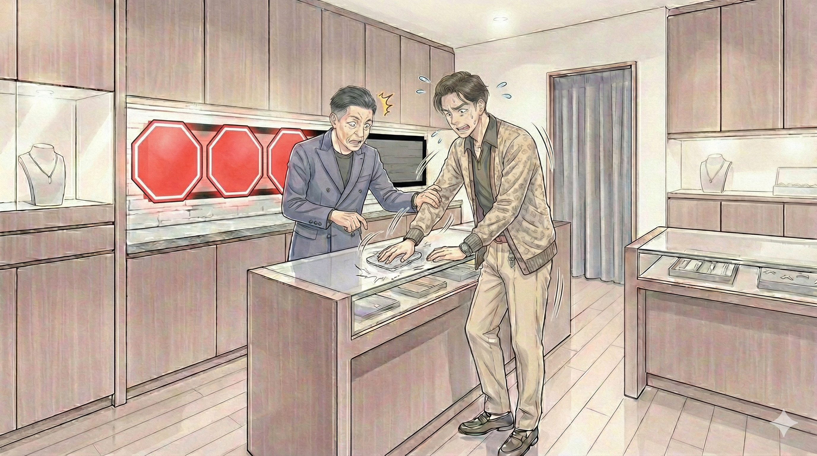 横長16:9。賢治が“クロスでゴシゴシ”しようとして店主が止める。背景に『赤いSTOPサイン風の抽象アイコン』が3つ（文字なし）。コメディ。