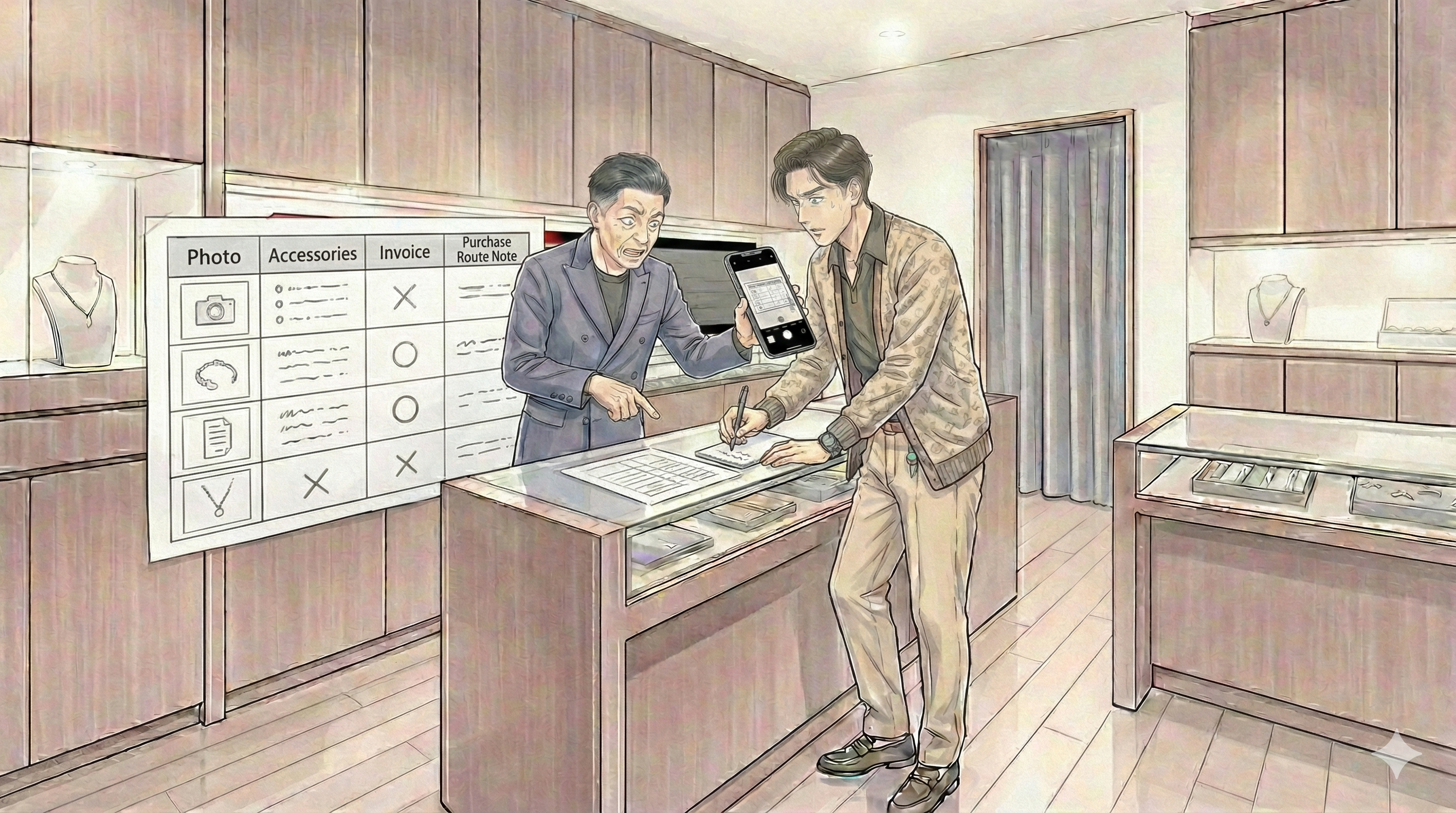 横長16:9。店主が『写真・付属品・明細・購入経路メモ』のチェックリストを指差し。賢治がスマホで“撮影”してメモする。背景は落ち着いた店舗。文字なし。