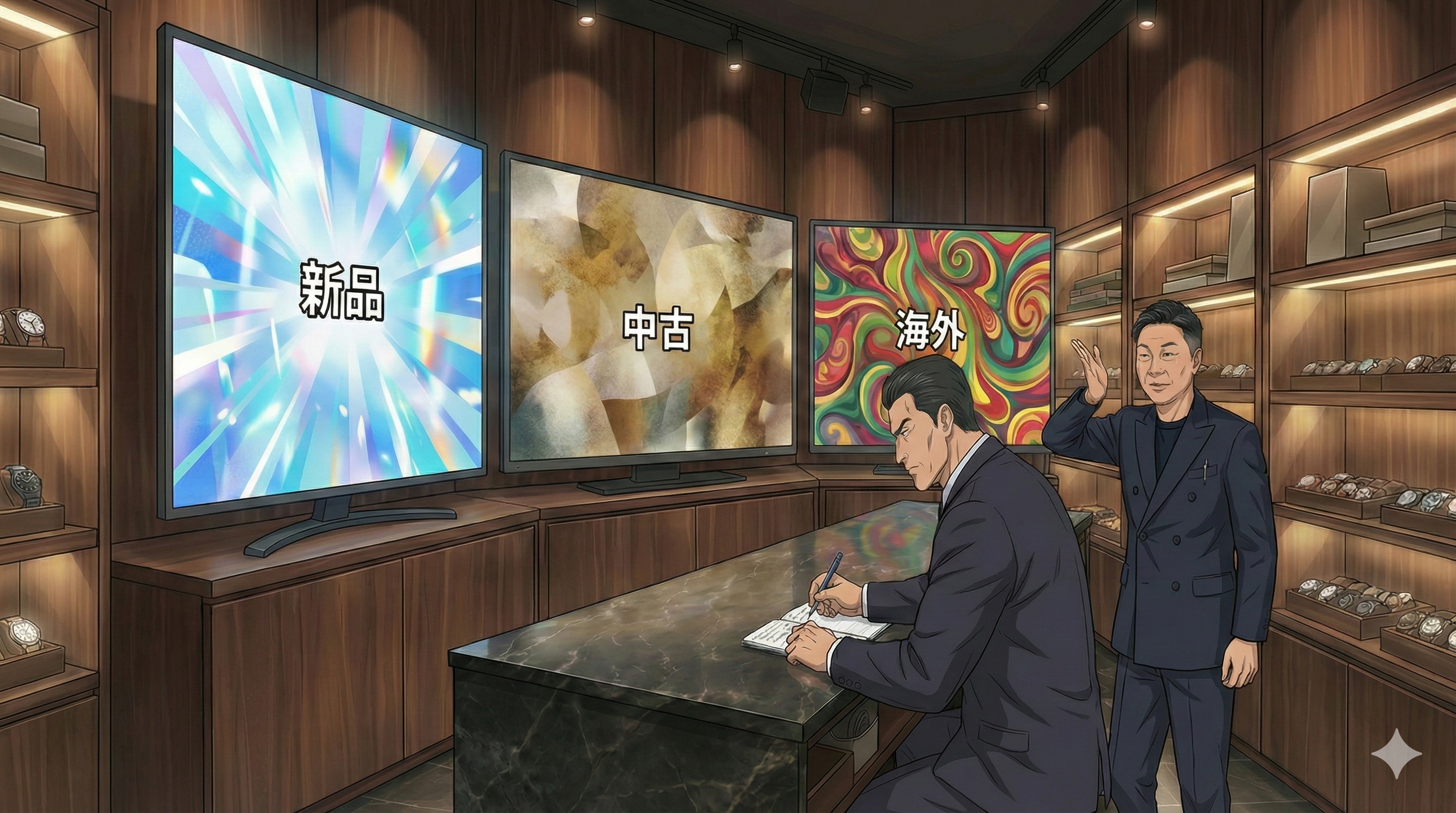 横長16:9。テレビが3台（新品・中古・並行/海外）で別番組が流れている抽象表現。賢治が全部同じ番組だと思ってメモしている。店主がツッコミ。文字なし。