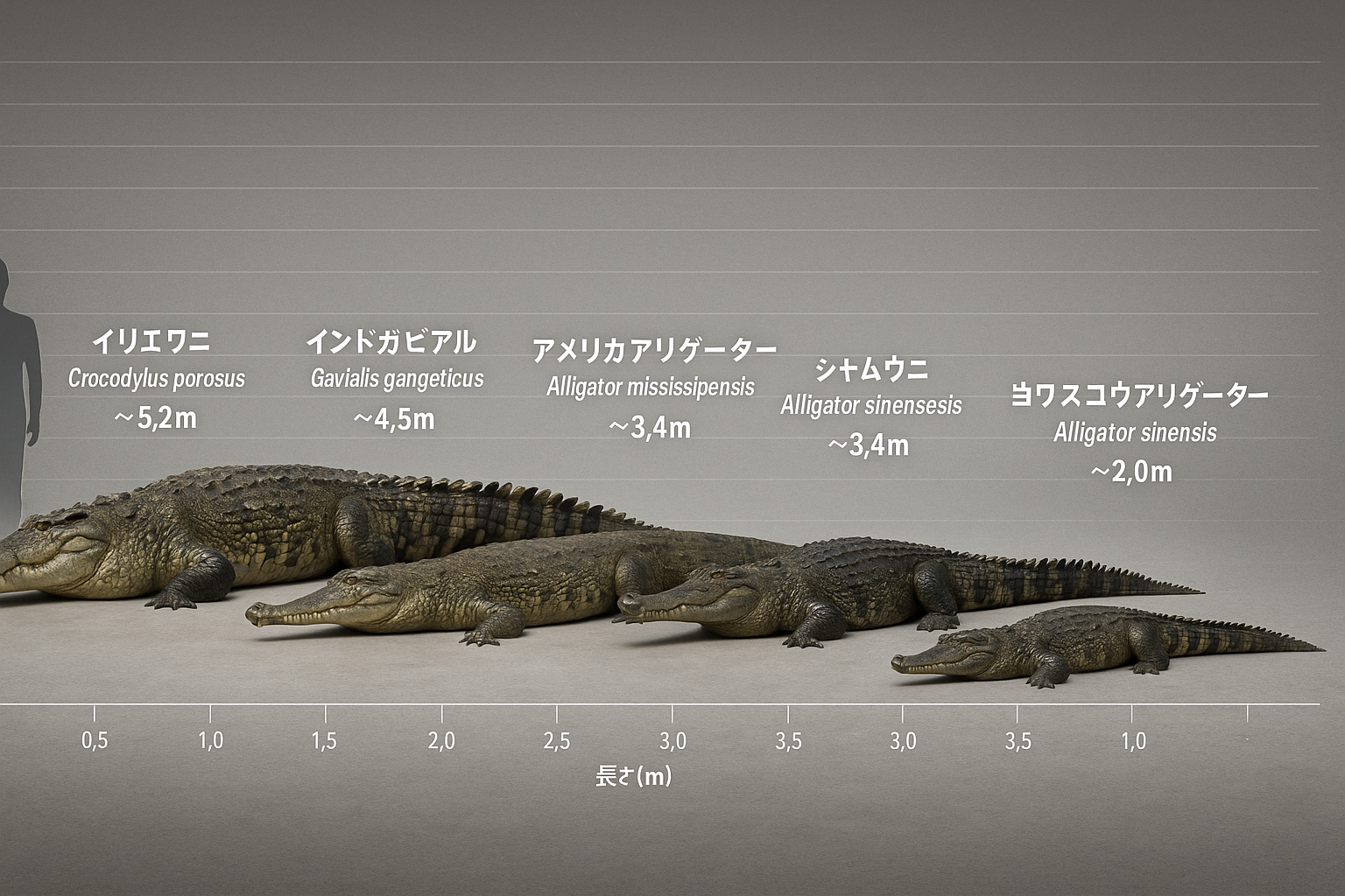 各種ワニのサイズ比較イメージ