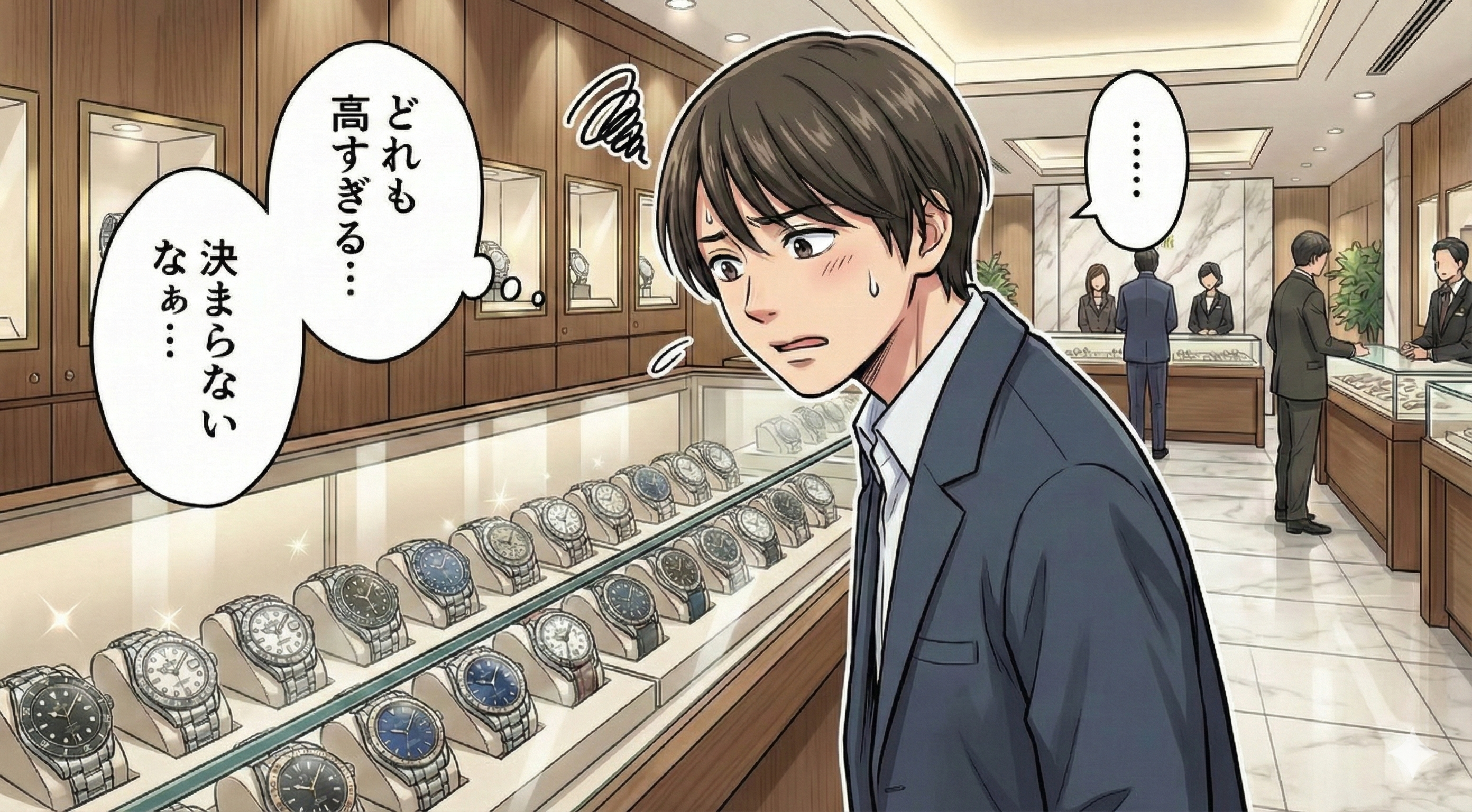 高級時計店のショーケースを覗き込むユウ