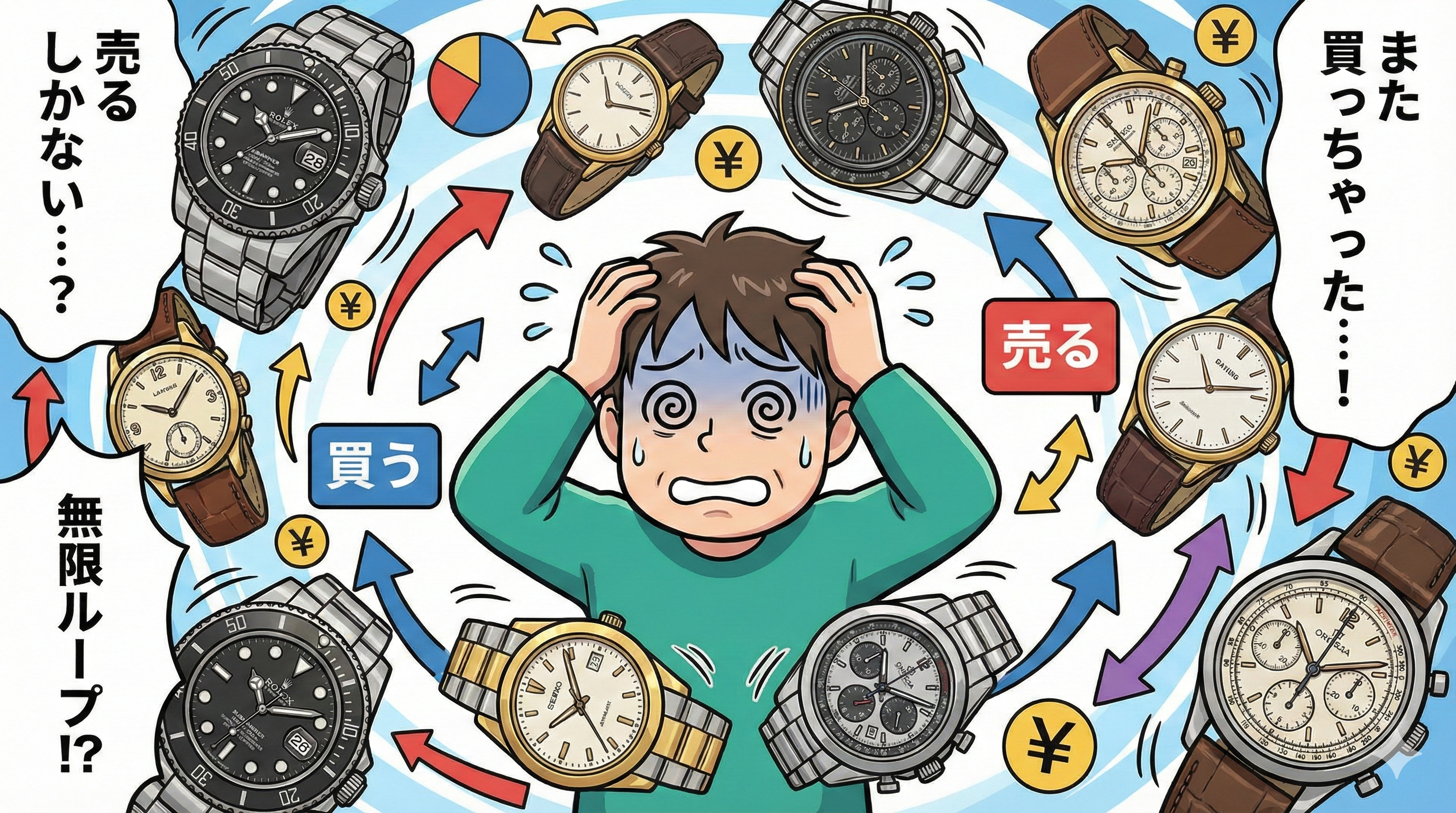 人物の周りを複数の腕時計アイコンがぐるぐる回っている