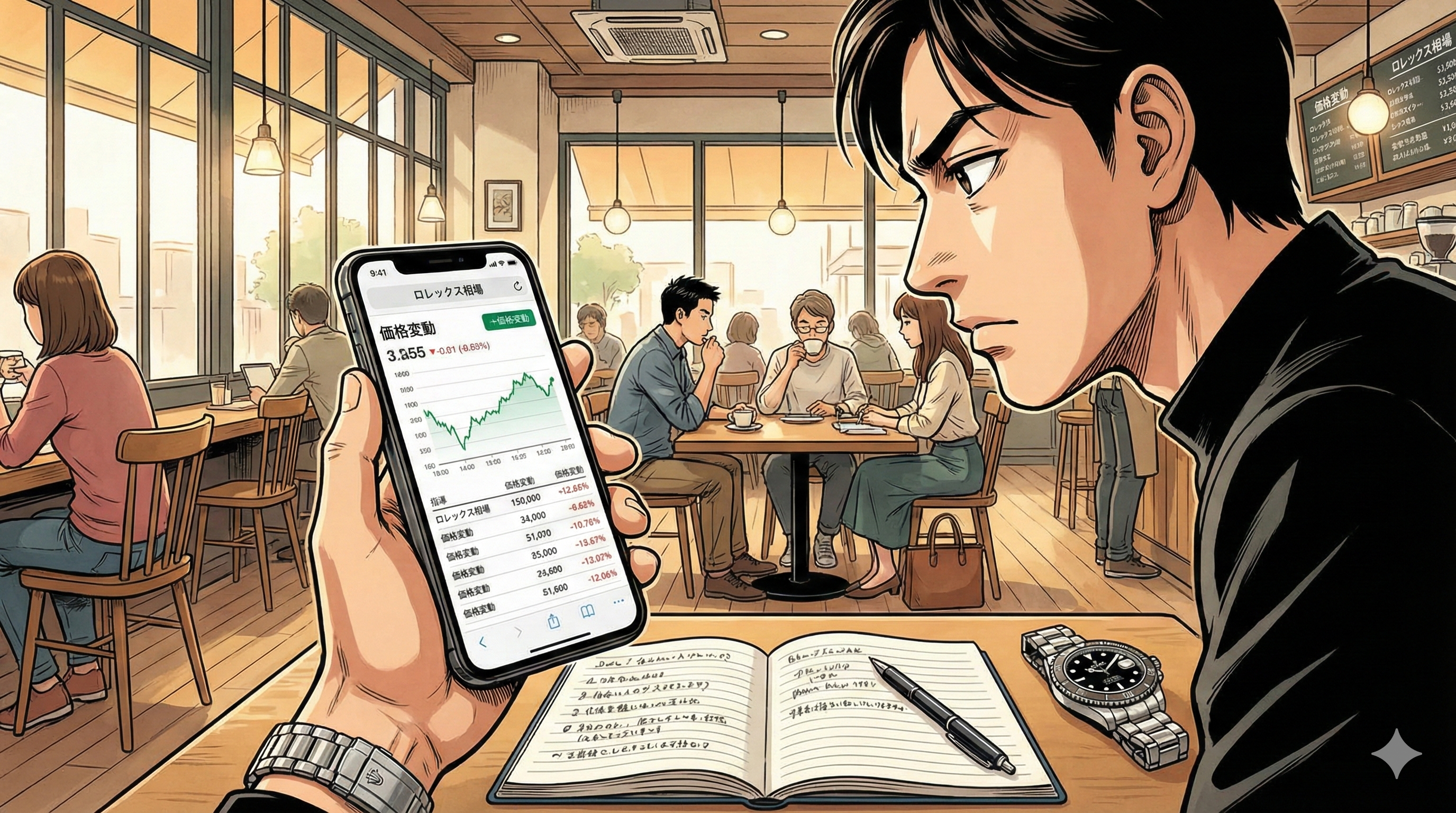 スマホで相場サイトをスクロールする人物