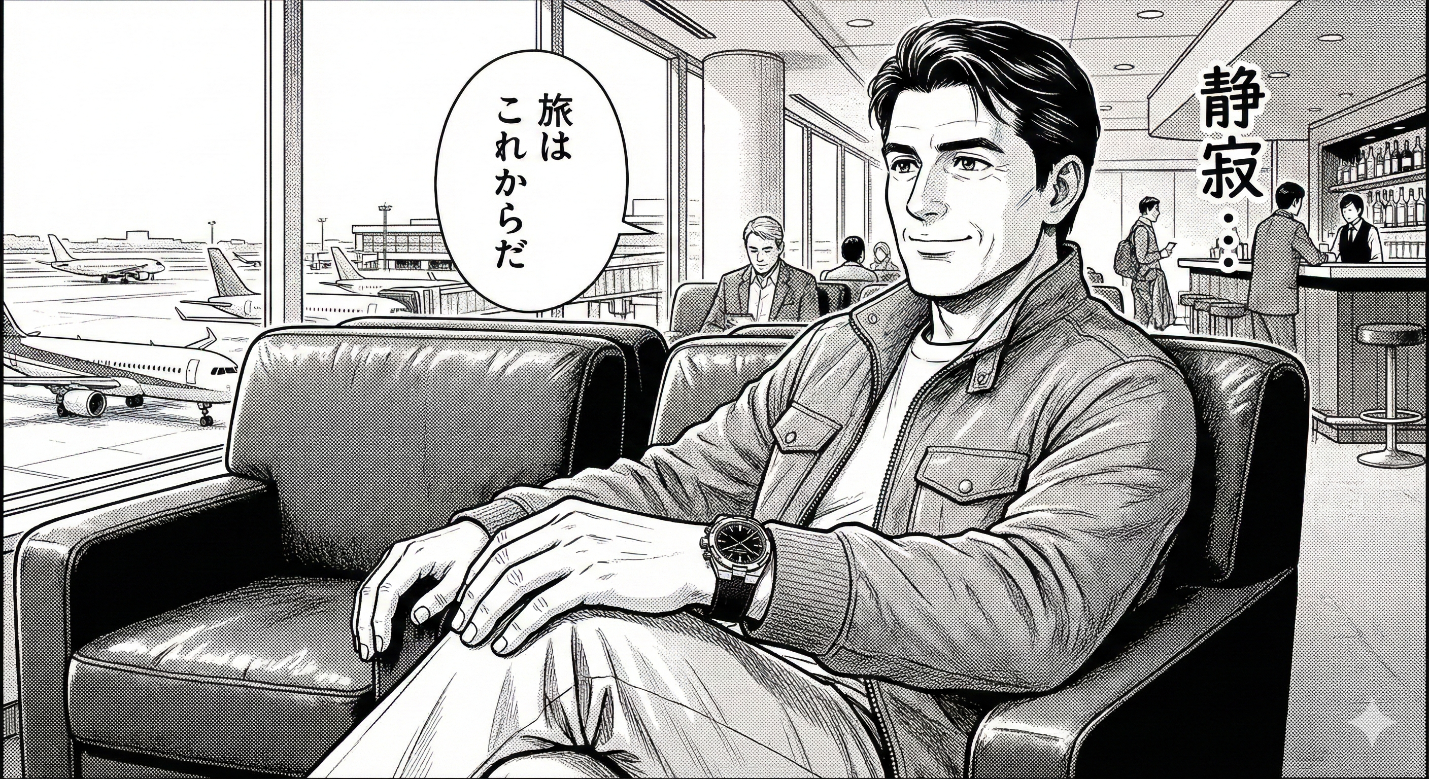 オーヴァーシーズ（ラバーベルト仕様）をつけて、空港のラウンジでくつろぐ賢治。